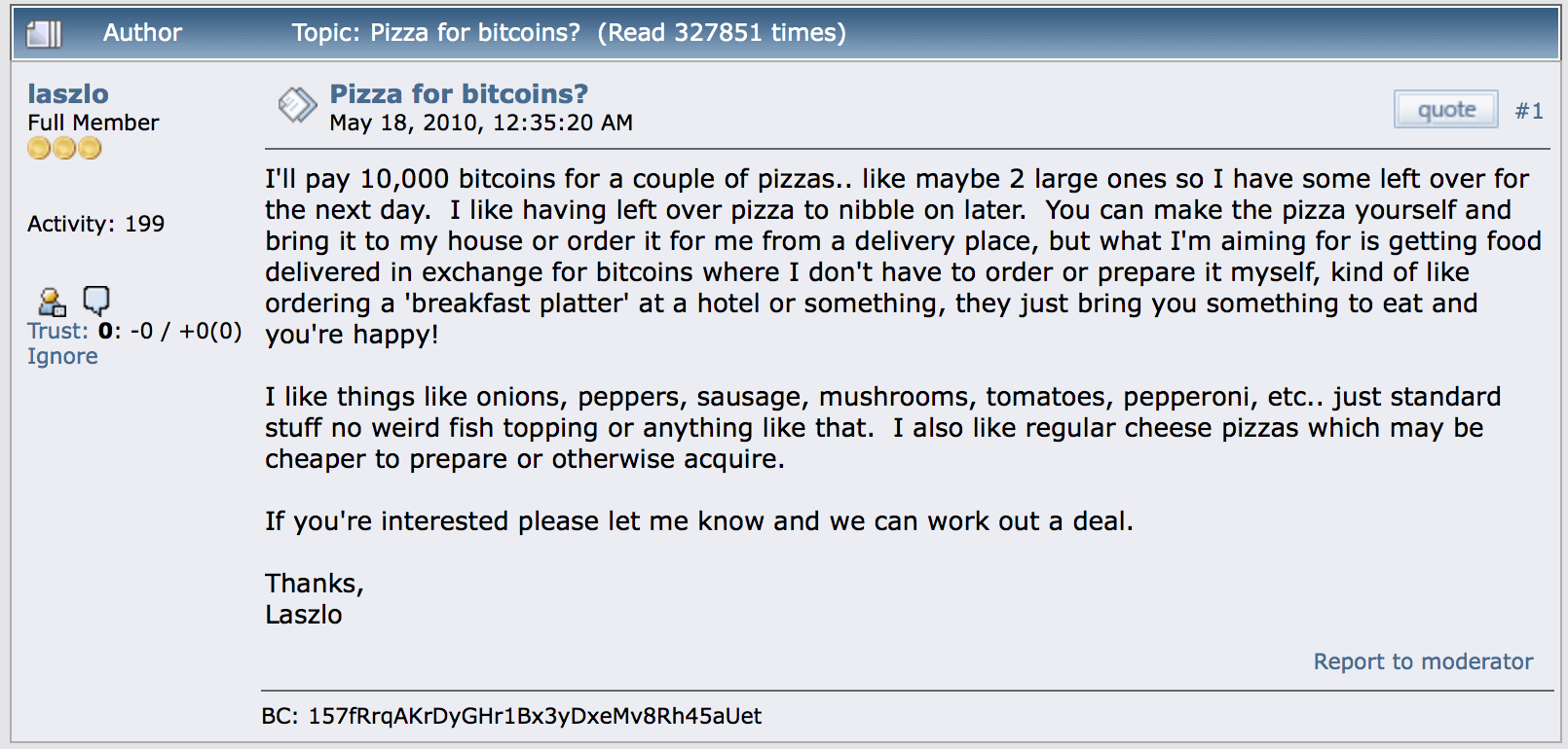 A screenshot of the original Bitcoin Pizza reddit post