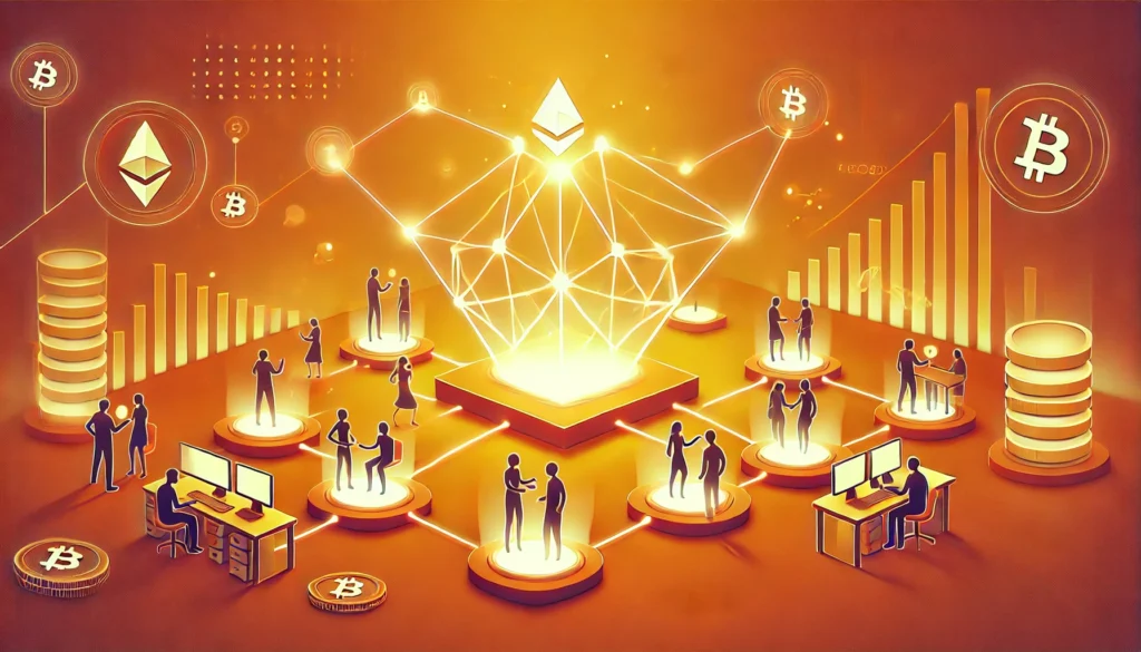 A futuristic illustration of a decentralised crypto exchange in the centralised versus decentralised crypto exchange debate. A glowing Ethereum-based structure connects users, symbolising blockchain, peer-to-peer trading, and decentralisation.