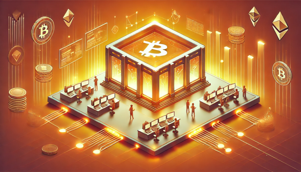 A futuristic illustration of a centralised crypto exchange in the centralised versus decentralised crypto exchange debate. A glowing, bank-like structure with a Bitcoin symbol highlights security, regulation, and institutional control.
