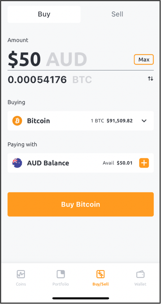 The Buy Bitcoin button is located at the bottom of the screen in your bitcoin.com.au account.