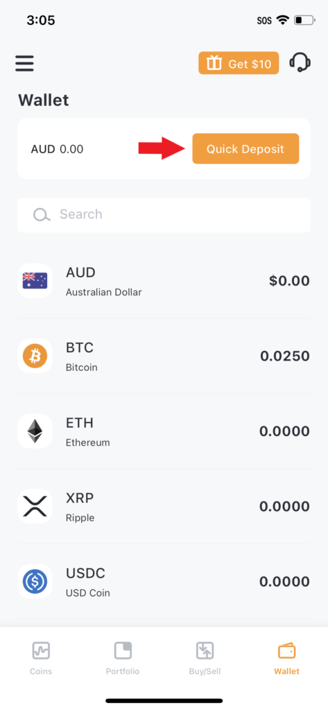 The Quick Deposit button is at the top of the Wallet section for bitcoin.com.au app.