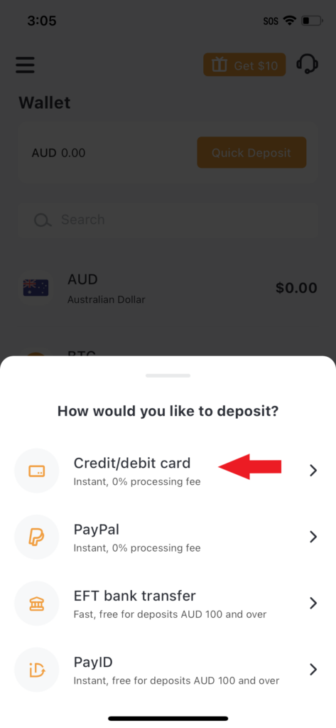 Credit/debit card is the option at the top of the list. It's instant and there are no processing fees.