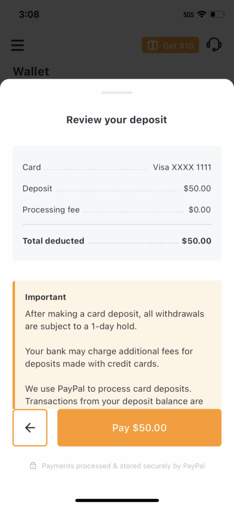 After making a card deposit, all withdrawals are subject to a 1-day hold. Your bank may charge additional fees for deposits made with credit cards.