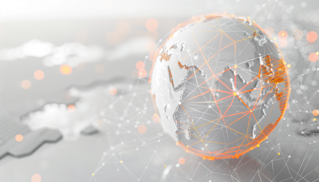 Globe symbolising global crypto networks with orange lines showing discreet, low-impact OTC trading data flow.
