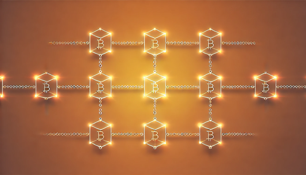 Blockchain network chart - visually demonstrating blocks of transactions connected through chains of other blocks.