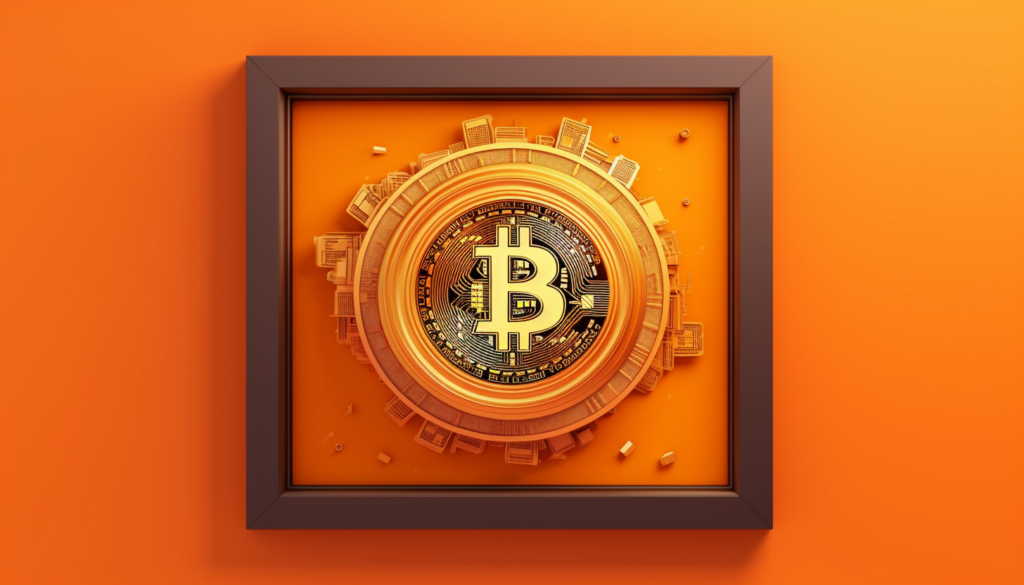Framed Bitcoin symbol in an abstract, orange-toned 3D design, symbolising Bitcoin’s use in DeFi through Wrapped Bitcoin